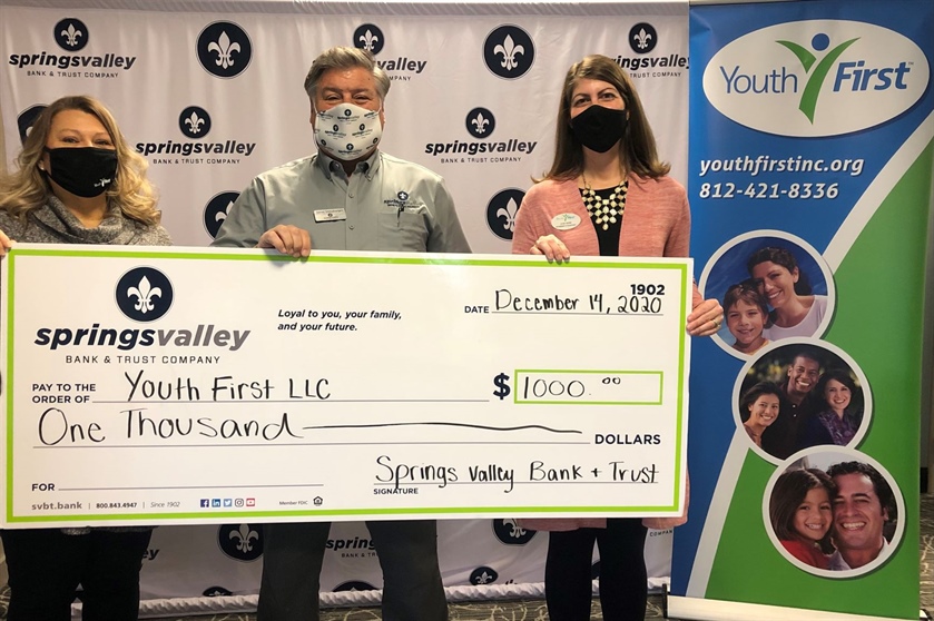 Springs Valley Bank & Trust Company Donates $1,000 to Youth First, Inc.