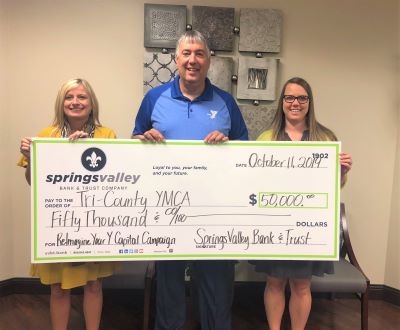 Springs Valley Bank & Trust Company Donates $50,000 to Tri-County YMCA’s ReImagine Your Y Capital Campaign.