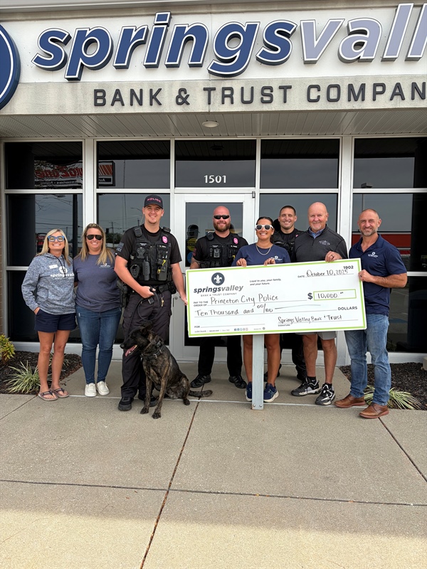 Springs Valley Bank & Trust Company has donated $10,000.00 to City of Princeton Police Department K-9 Program