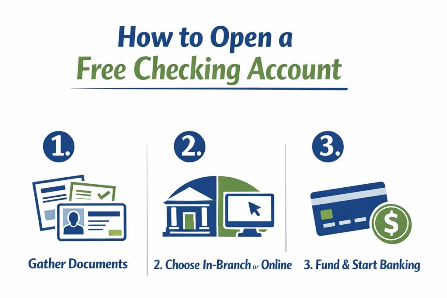 Infographic showing how to open a free checking account at Springs Valley Bank in three simple steps.