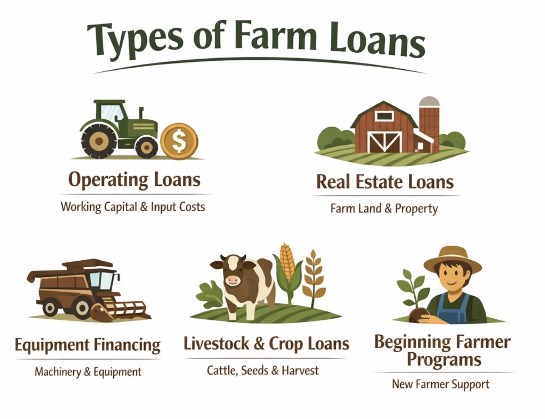 Types of agricultural loans for Indiana farmers showing operating, real estate, equipment, and livestock loans. Types of agricultural loans for Indiana farmers showing operating, real estate, equipment, and livestock loans.