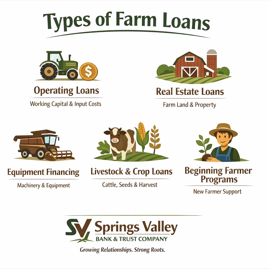 Types of agricultural loans for Indiana farmers showing operating, real estate, equipment, and livestock loans. 