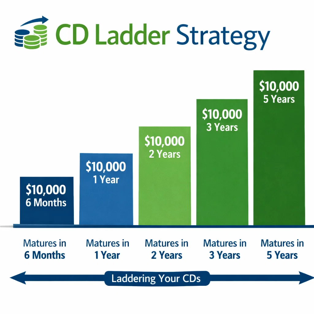 Infographic illustrating a CD ladder strategy with five certificates of deposit at staggered maturity terms for SVBT savers.
