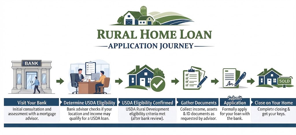 Step-by-step diagram of the rural home loans application process from eligibility check to closing at Springs Valley Bank. 