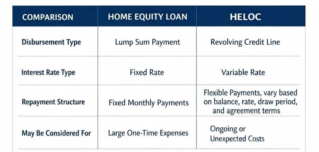 Comparison table of home equity loan vs HELOC by disbursement type, interest rate, repayment terms, and best use case.