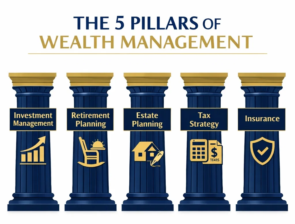 Wealth management services infographic showing five pillars offered by Springs Valley Bank and Trust Company. Wealth management services infographic showing five pillars offered by Springs Valley Bank and Trust Company.