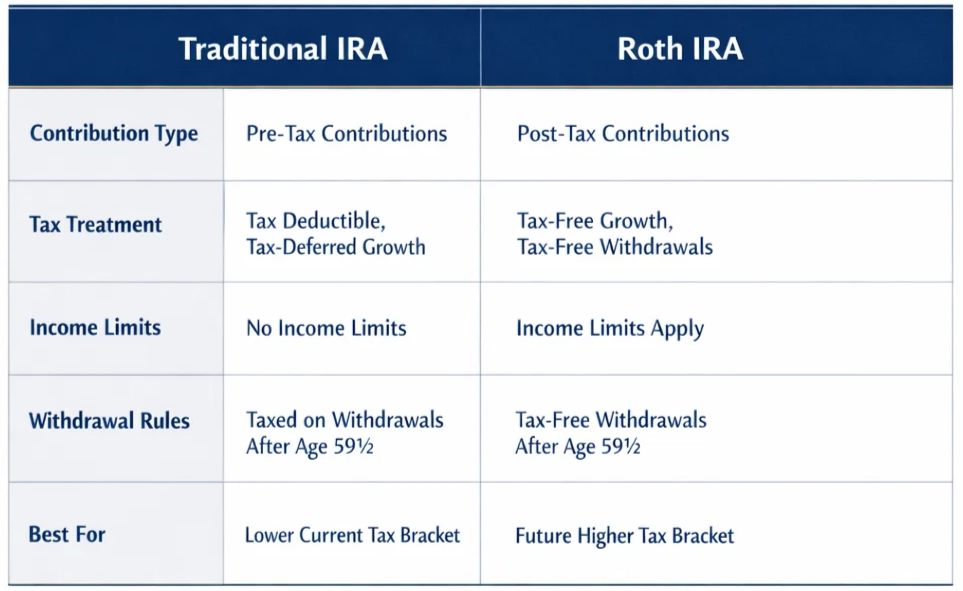 Comparison table of traditional IRA vs Roth IRA by tax treatment, contribution limits, and withdrawal rules at SVBT.