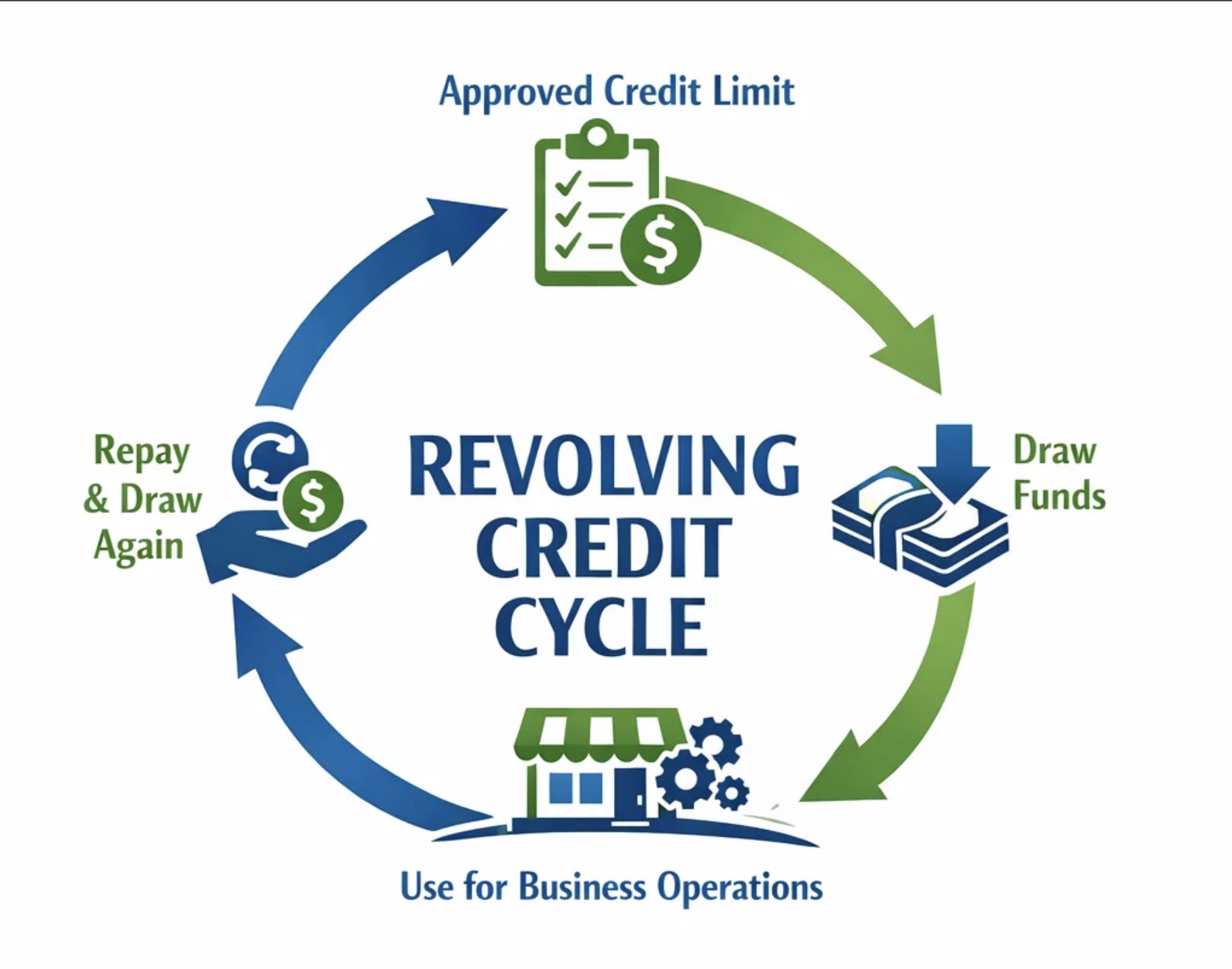 Infographic of the business line of credit revolving cycle showing draw, use, repay, and redraw stages for small businesses.